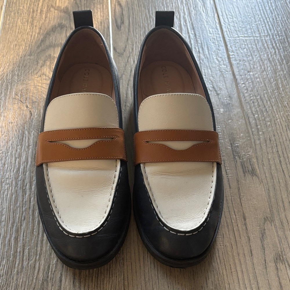 Cole Haan Tri-Color Leather Penny Loafers — Cream , Tan, dark Navy size 8